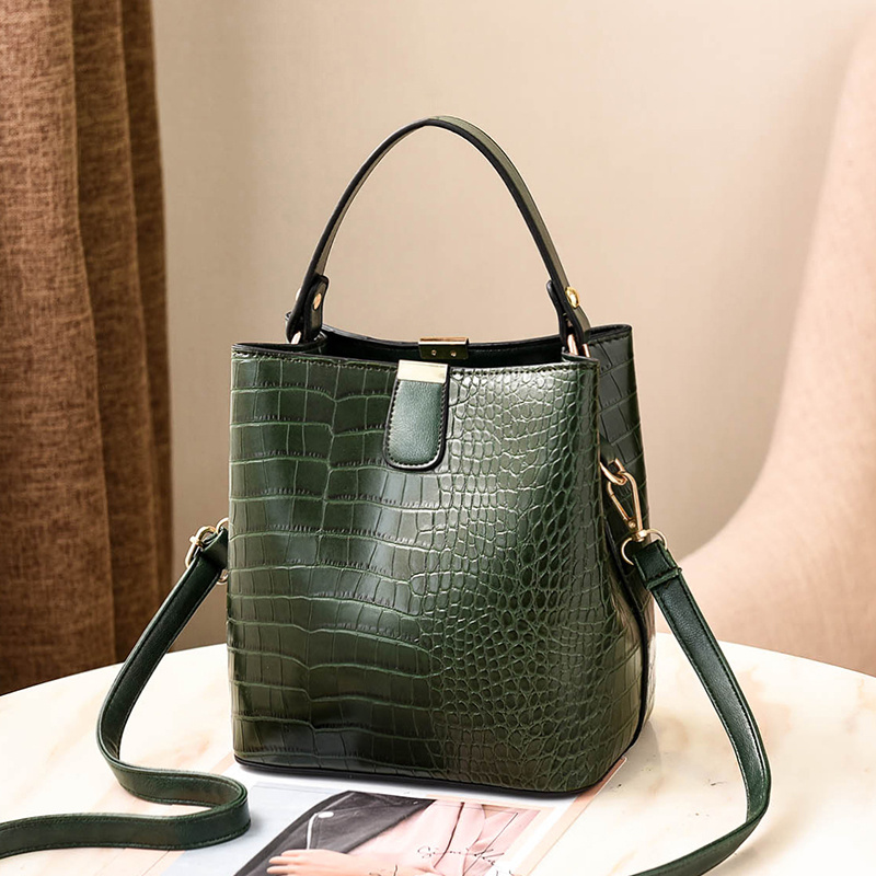 Crocodile Pattern Bucket Bag, Wide Strap Shoulder Bag, Women's