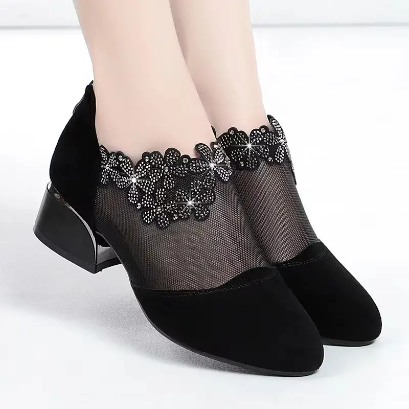rhinestone mesh block heels women s flower fashion back detalles 1