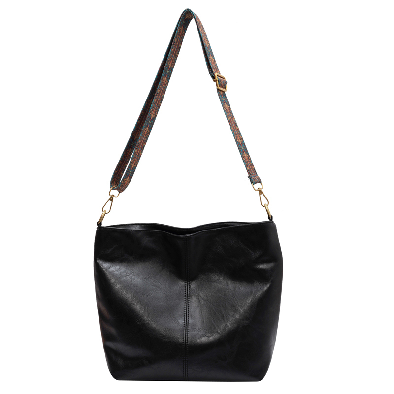 Black Leather Zipper Large Tote Bag with Wide Shoulder Strap