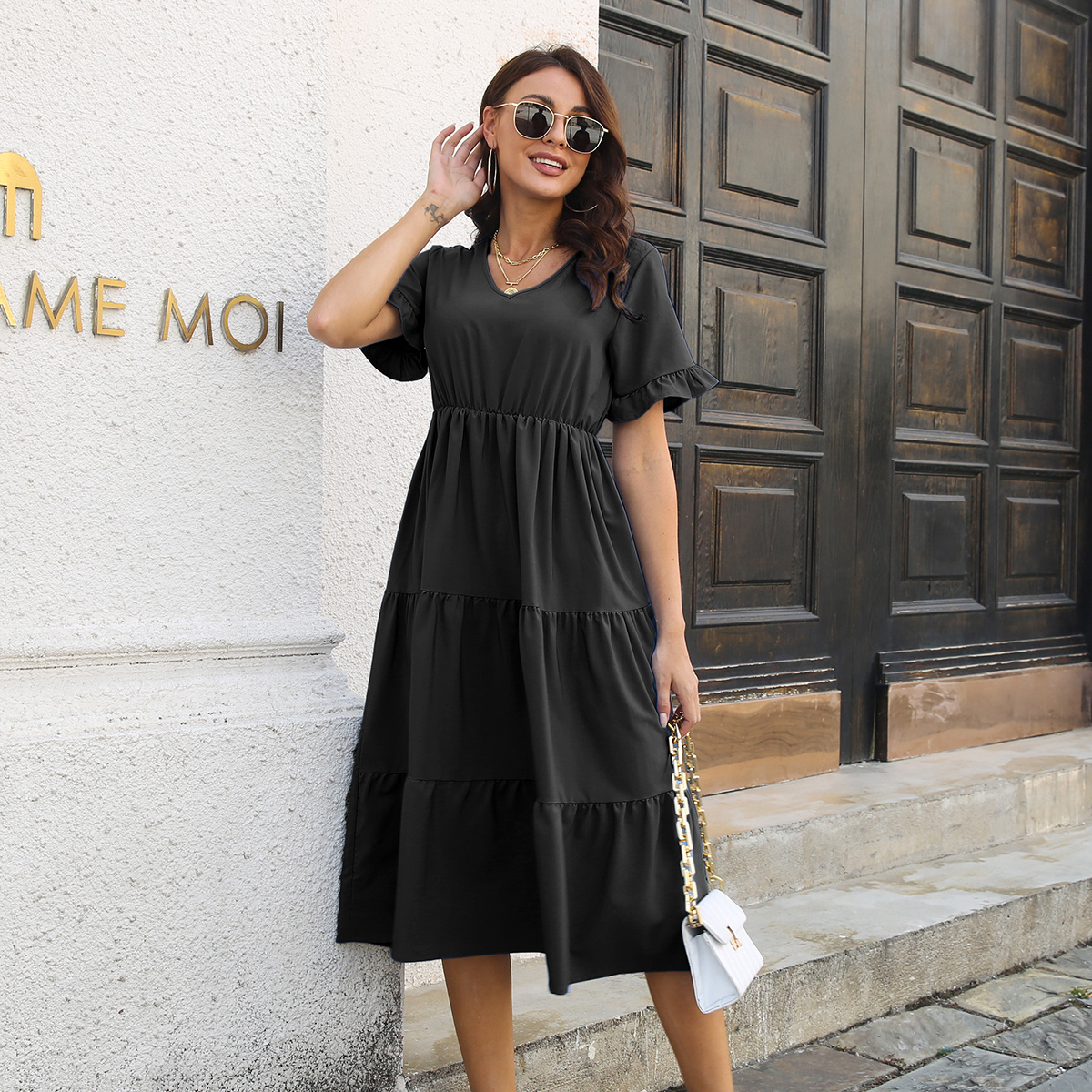 Summer Dress Women's Square Neck Short Sleeve Ruffle Smocked Beach