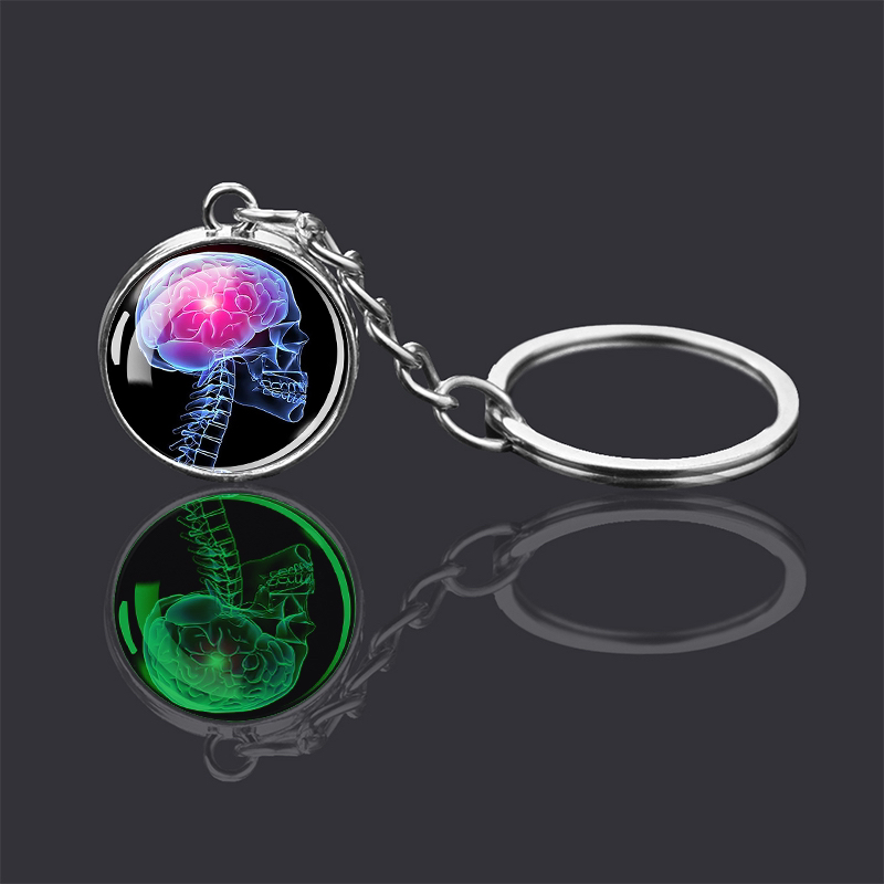Glowing Skull ECG Heart Brain Keychain - Stainless Steel Luminous Jewelry with Glass Ball, Perfect Doctor Gift,Temu