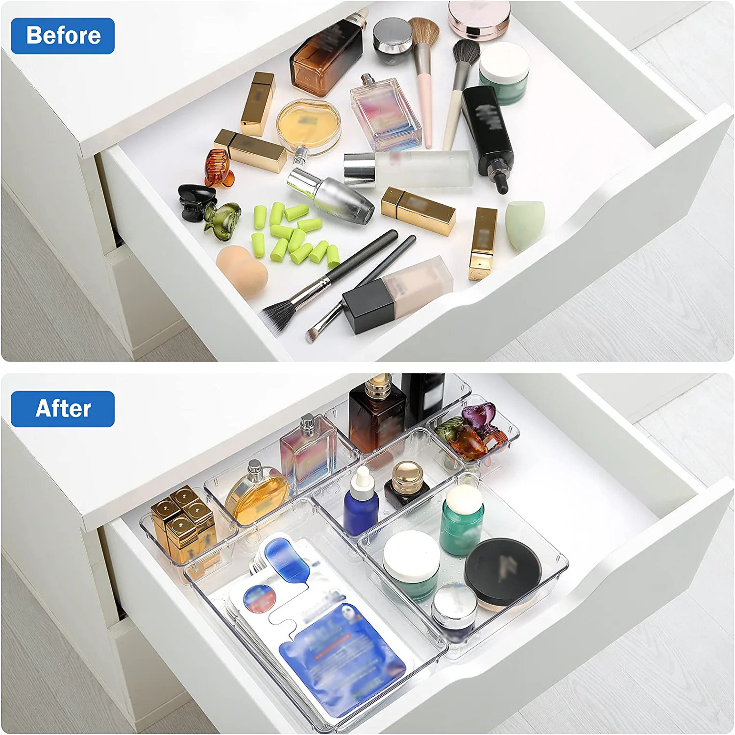 Seseno 16 Pcs Drawer Organizer Set Dresser Desk Drawer Dividers - 5 Size Bathroom Vanity Cosmetic Makeup Trays - Multipurpose Clear Plastic Storage Bins for