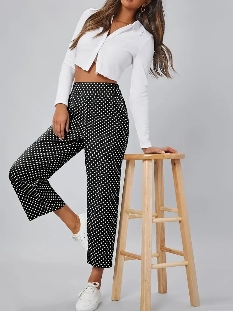 Polka Dot Print Cropped Pants Versatile High Waist Comfy - Temu