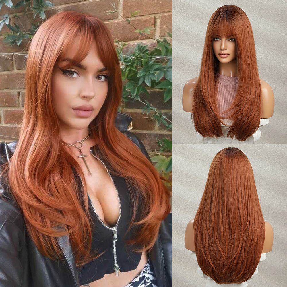 Long Straight Synthetic Hair Wig With Bangs Red Brown Color With Dark Root  Natural Looking - Beauty & Personal Care - Temu