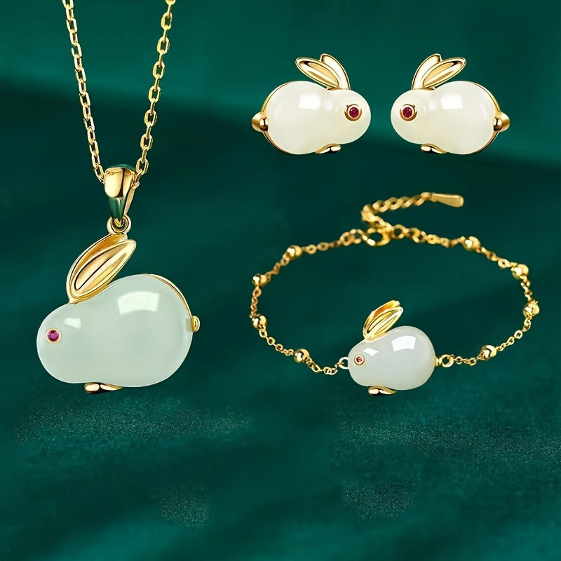 

Chinese Style Jade Rabbit Bracelet Necklace Earrings 3pcs/set 18k Gold Plated Jewelry For Women Girls Bff Gift Easter Bunny