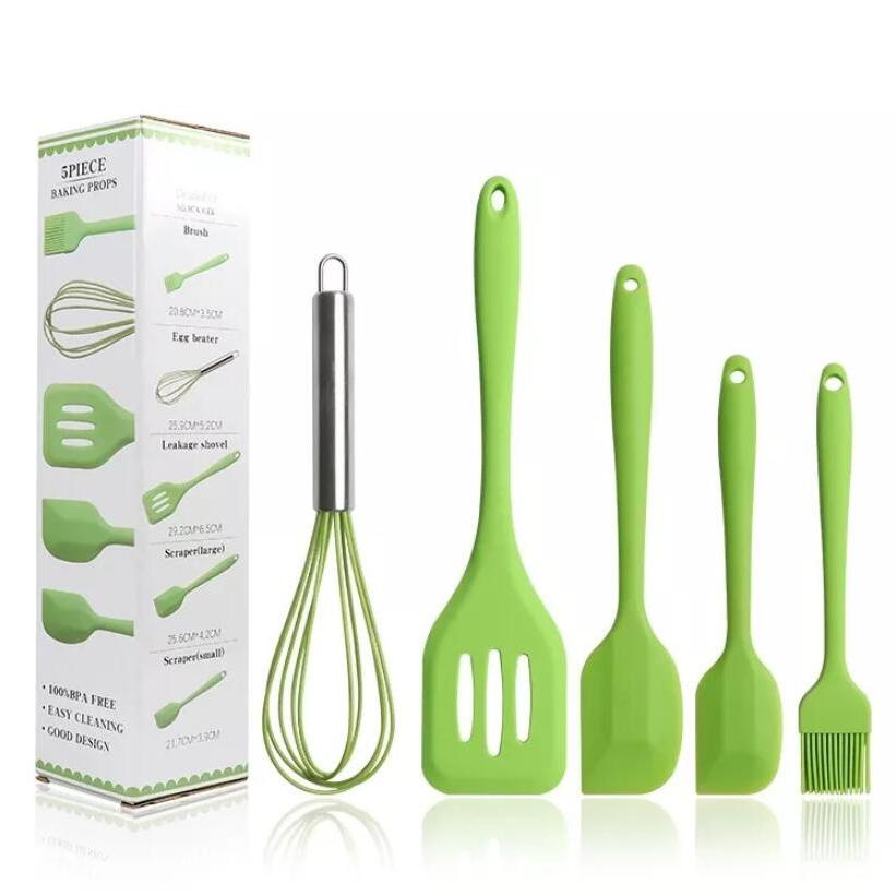 Cook with Color Silicone Kitchen Utensils 5 Piece Set - Spoon, Brush, Tongs, Whisk & Scraper