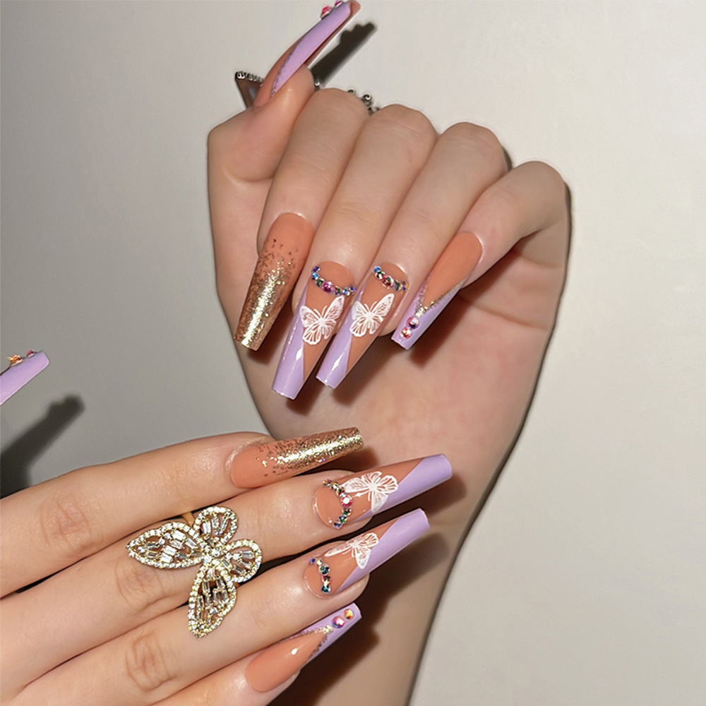 Long Square Shape Press On Nails Fake Nail With Butterfly - Temu