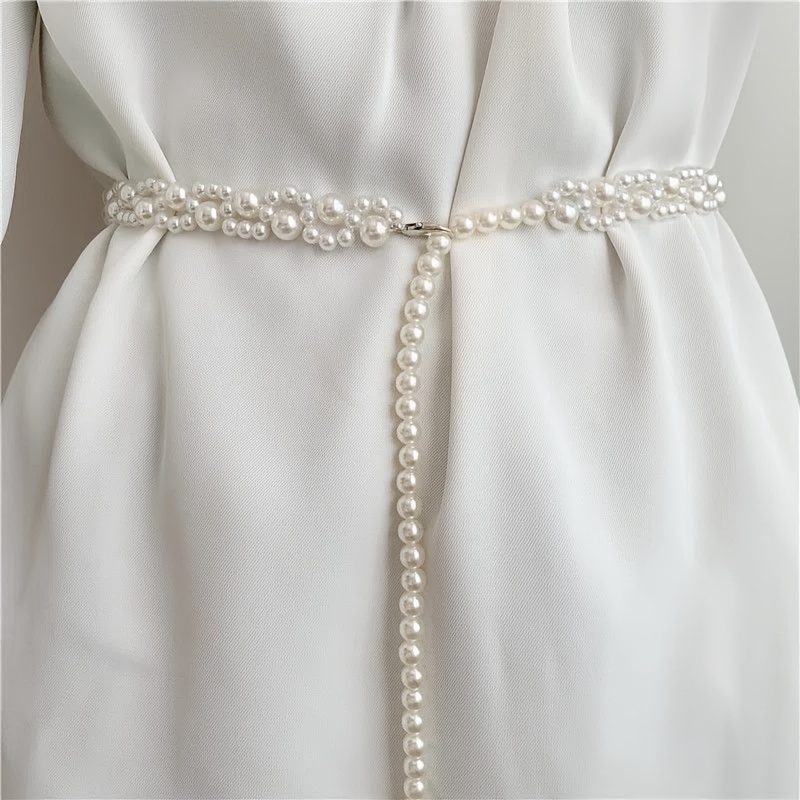 Elegant Women Pearl Waist Belt Elastic Buckle Chain Belt Girls Dress Strap