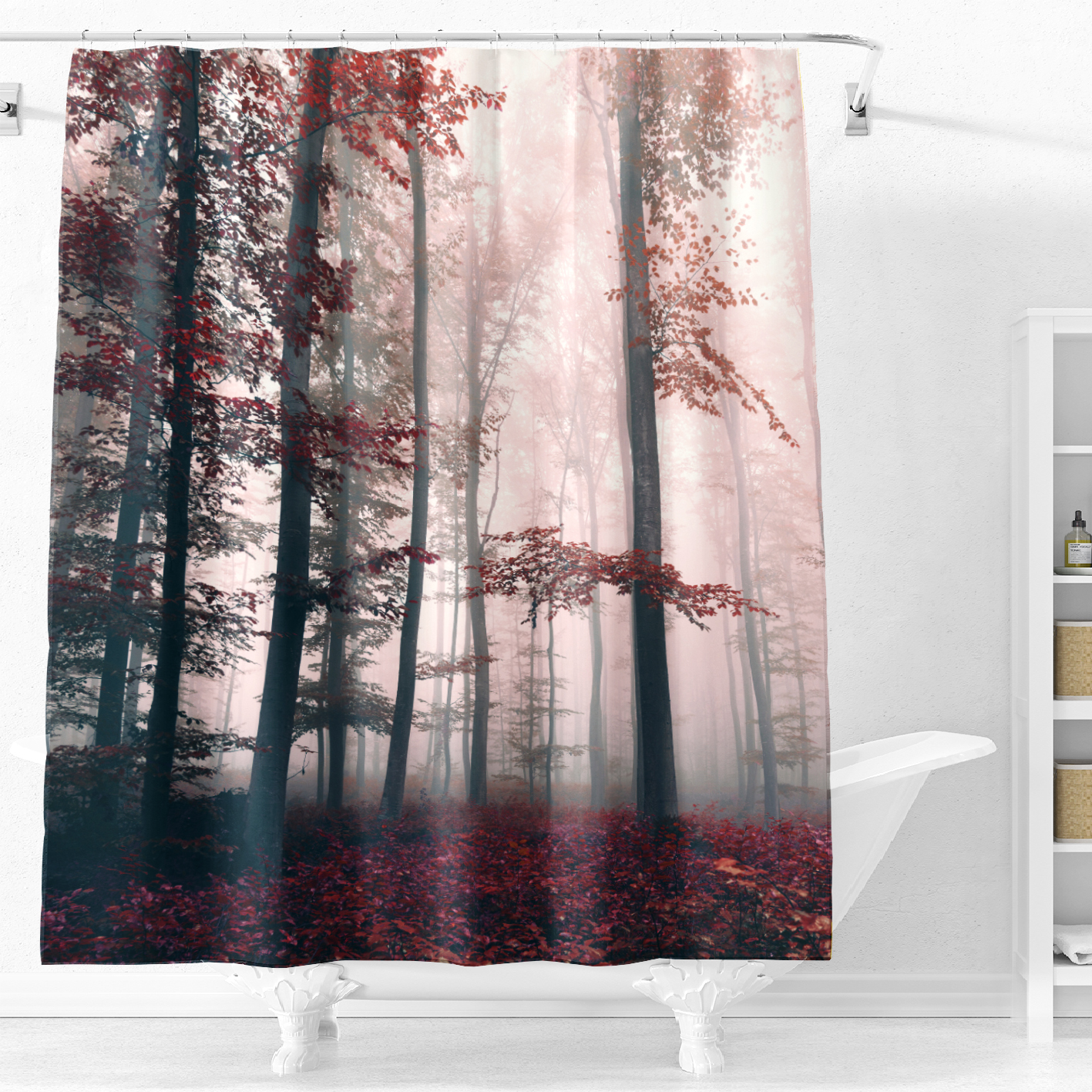 1pc Forest Blackout Shower Curtain | Mystic Forest Trees & Red Leaves