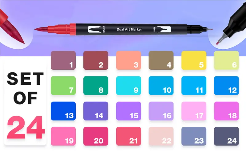 OBOSOE Dual Tip Brush Pens- EuroElement Art Supplies Colouring Pens Set of  24coloured Pens, Felt Tip Pens- Art Pens for kids and Adult Colouring