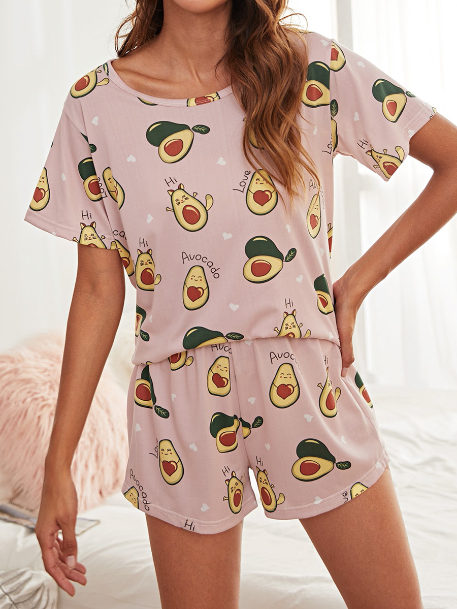 Cartoon Avocado Pattern Pajama Set, Long Sleeve Round Neck Tops & Pants,  Women's Lingerie & Sleepwear