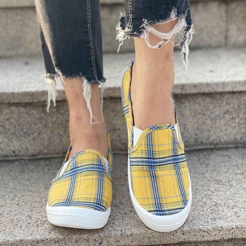 Yellow Plaid Pattern Skate Sneakers, Comfortable Slip On Flat Loafers,  Women's Footwear - Temu