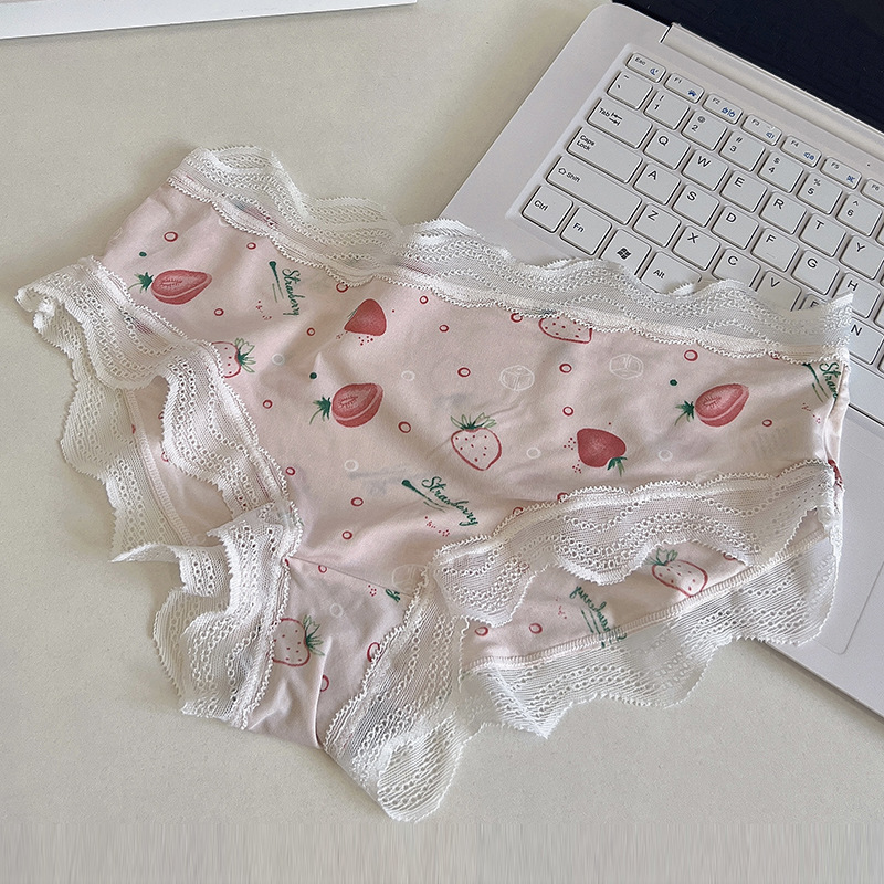 Lace Trim Briefs Panties Sweet Cute Fruit Floral Print Comfy Temu