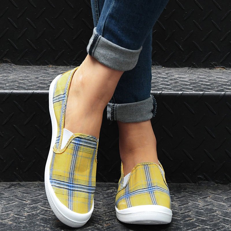 Yellow Plaid Pattern Skate Sneakers, Comfortable Slip On Flat Loafers,  Women's Footwear - Temu