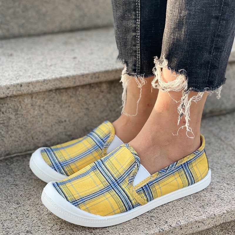 Yellow Plaid Pattern Skate Sneakers, Comfortable Slip On Flat Loafers,  Women's Footwear - Temu