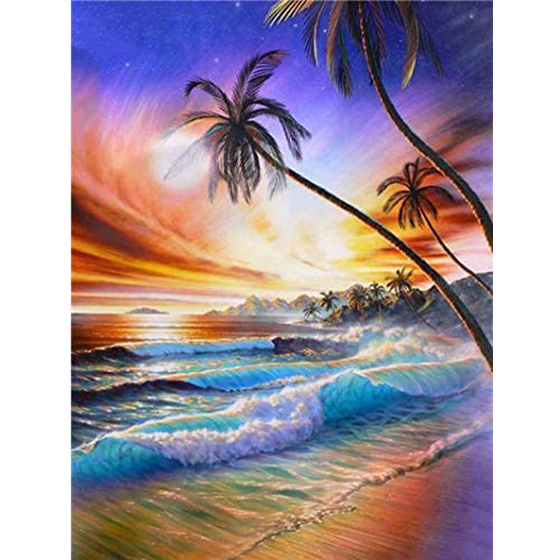 Diamond Art Beach, Sunset Red Sunset Beach Diamond Painting Kits for Adults  Beginner,Ocean Diamond Painting Sunset for Gift Home Wall Decor Beach