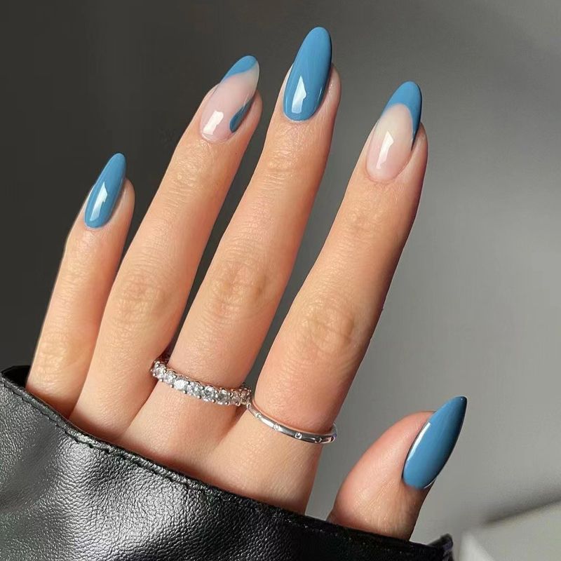 24pcs Press On Nails Short Blue French Almond Fake Nails Acrylic Full Cover  Glossy False Nails Tips With Nail Glue With Free Jelly Glue Nail File -  Beauty & Personal Care - Temu