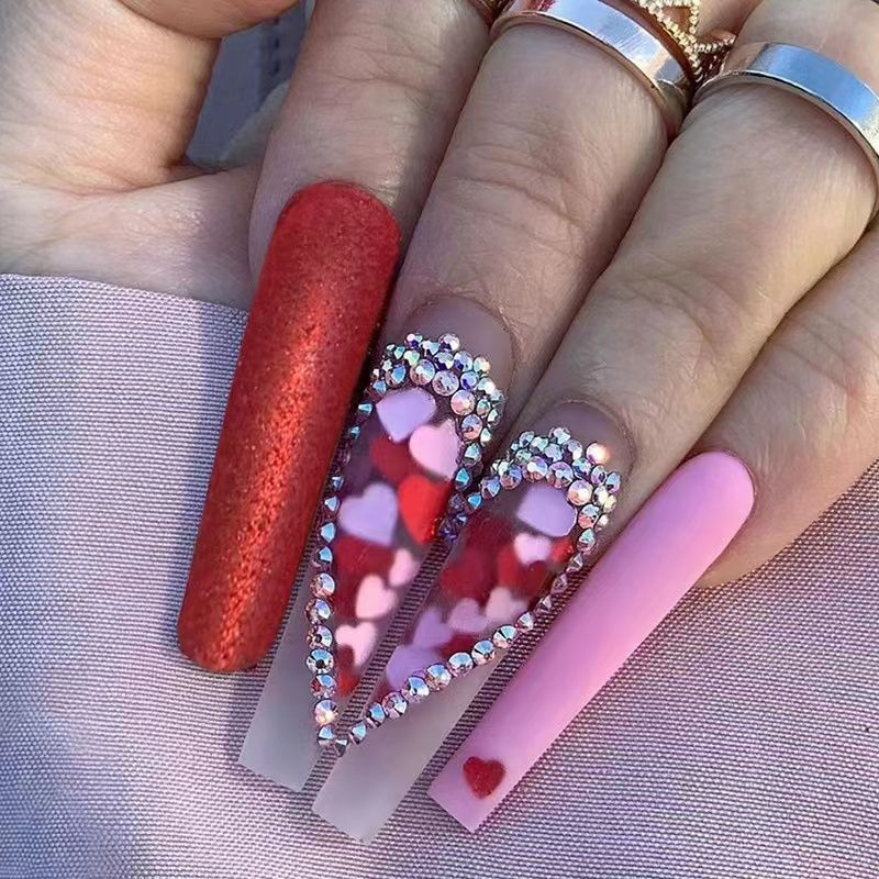 24pcs Press On Nails Shiny Long Coffin Fake Nails Red Love False Nails  Ballerina Nails Acrylic Nails Press On For Women And Girls | Shop The  Latest Trends | Temu