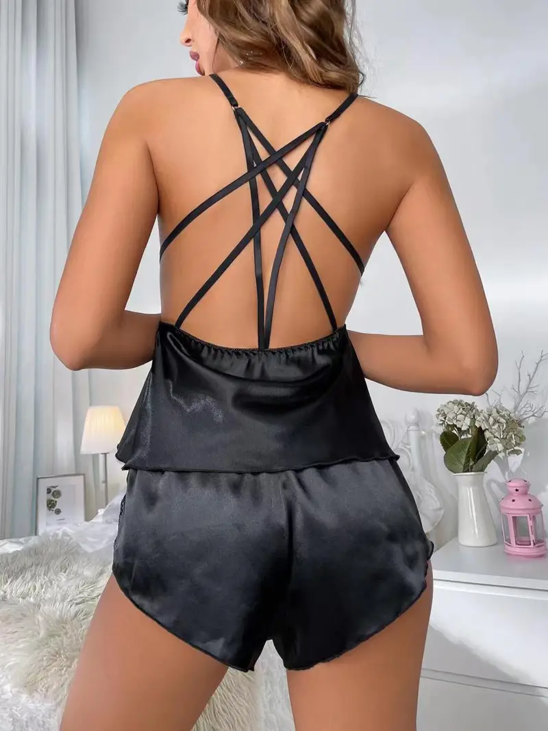 satin stitching beauty back pajamas set soft back cross bands lace hollow top loose shorts womens lingerie sleepwear details 2