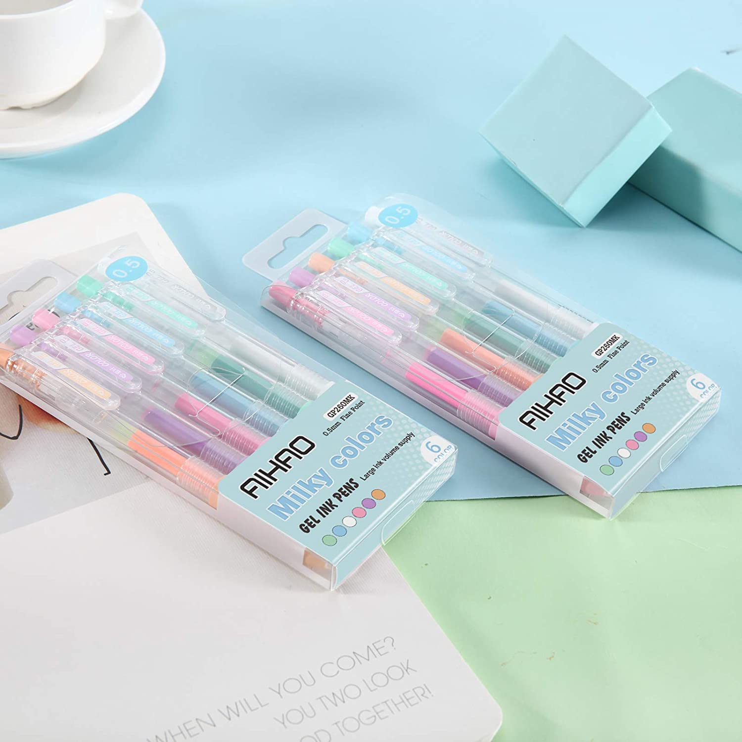 AIHAO Milky Gel Pens, Fine Point, Color Pen for Journaling, Drawing, Adult Coloring, Note Taking, 6 Pack, 0.5mm