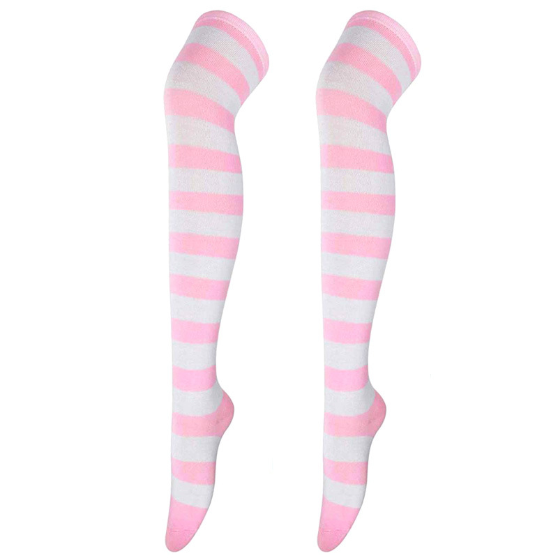 Calcetines altos por encima de la rodilla, calcetines de botas a rayas  blancas y rosadas, calcetines de tubo para mujer, calcetines de cosplay