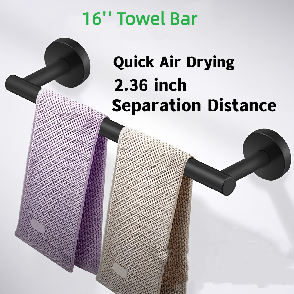  Taozun Toallero – Toallero con 2 paquetes de ganchos adhesivos,  color negro, toallero de mano de 16 pulgadas para pegar en la pared, kit de  accesorios de baño de acero inoxidable 