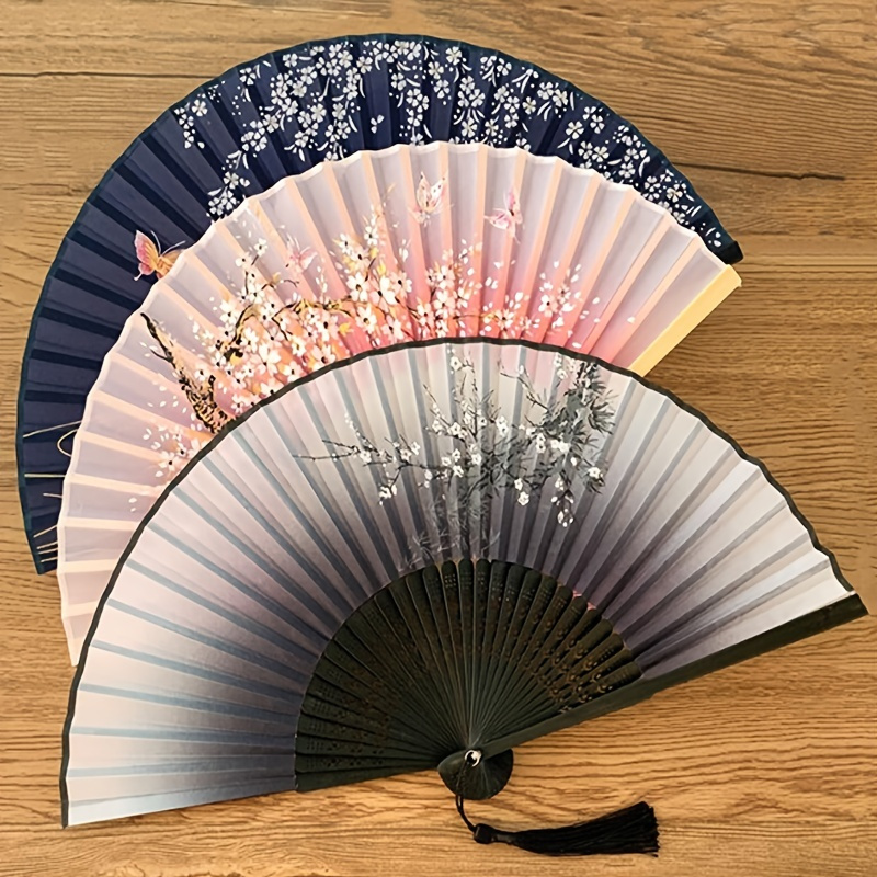 1pc Chinese Folding Fan Dance Lace Imitation Silk Folding Fan Handheld Floral Fan Photo Props