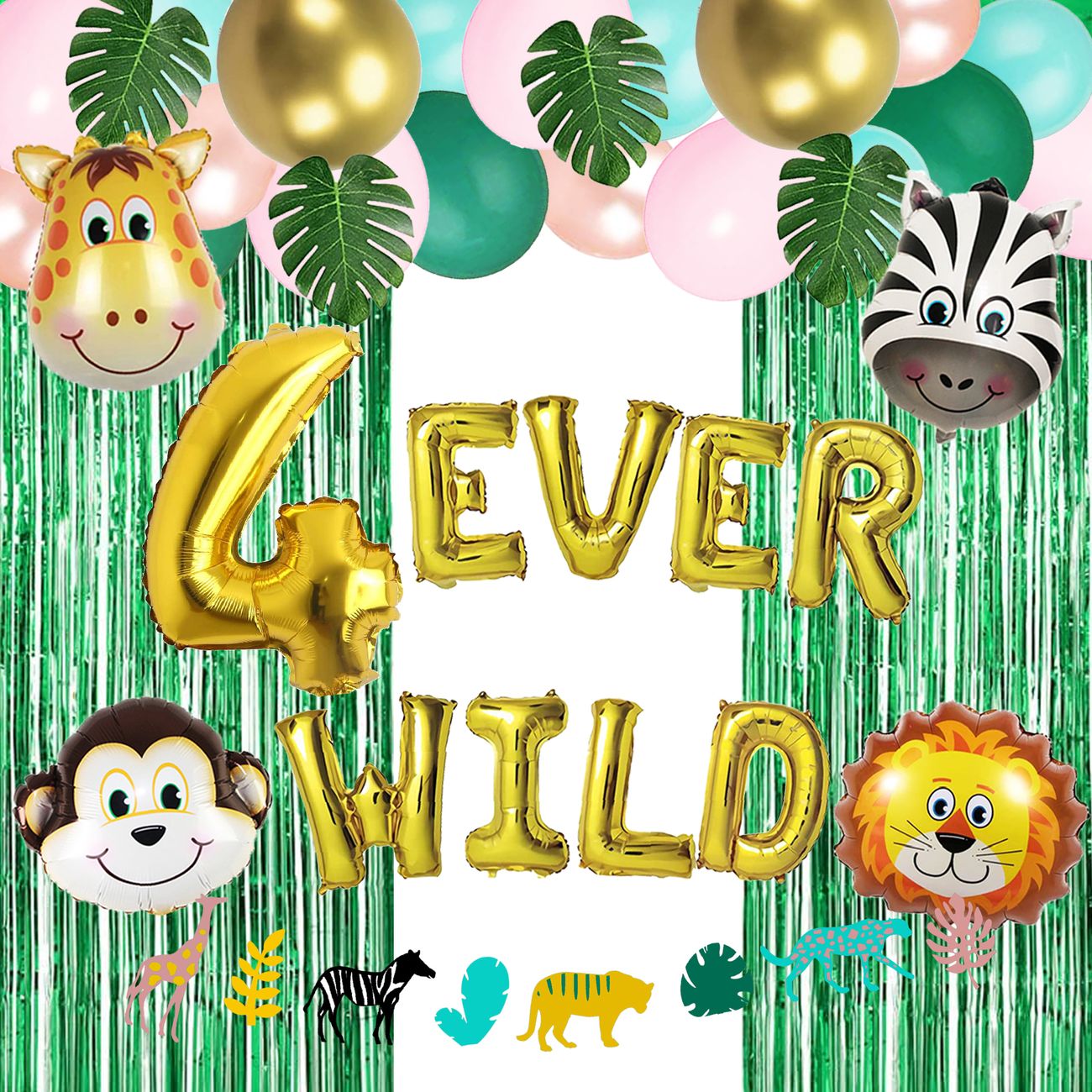 55pcs Golden Four Ever Wild Birthday Decorations Zoo Animal Garland Balloon  Arch With Palm Leaves Tropical Jungle Fourth 4th Year Old Safari Birthday  Party Supplies For Boy Girl Green Foil Curtain Backdrop |