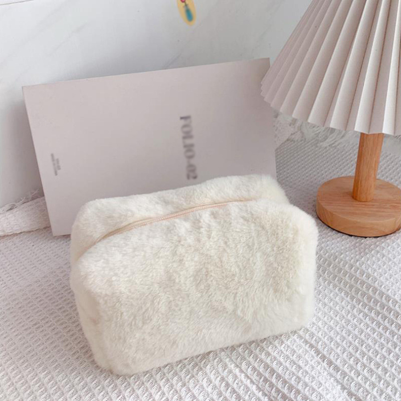 Fluffy Macaron Sweet Makeup Bag Large Capacity Soft Plush Wash Storage Bag