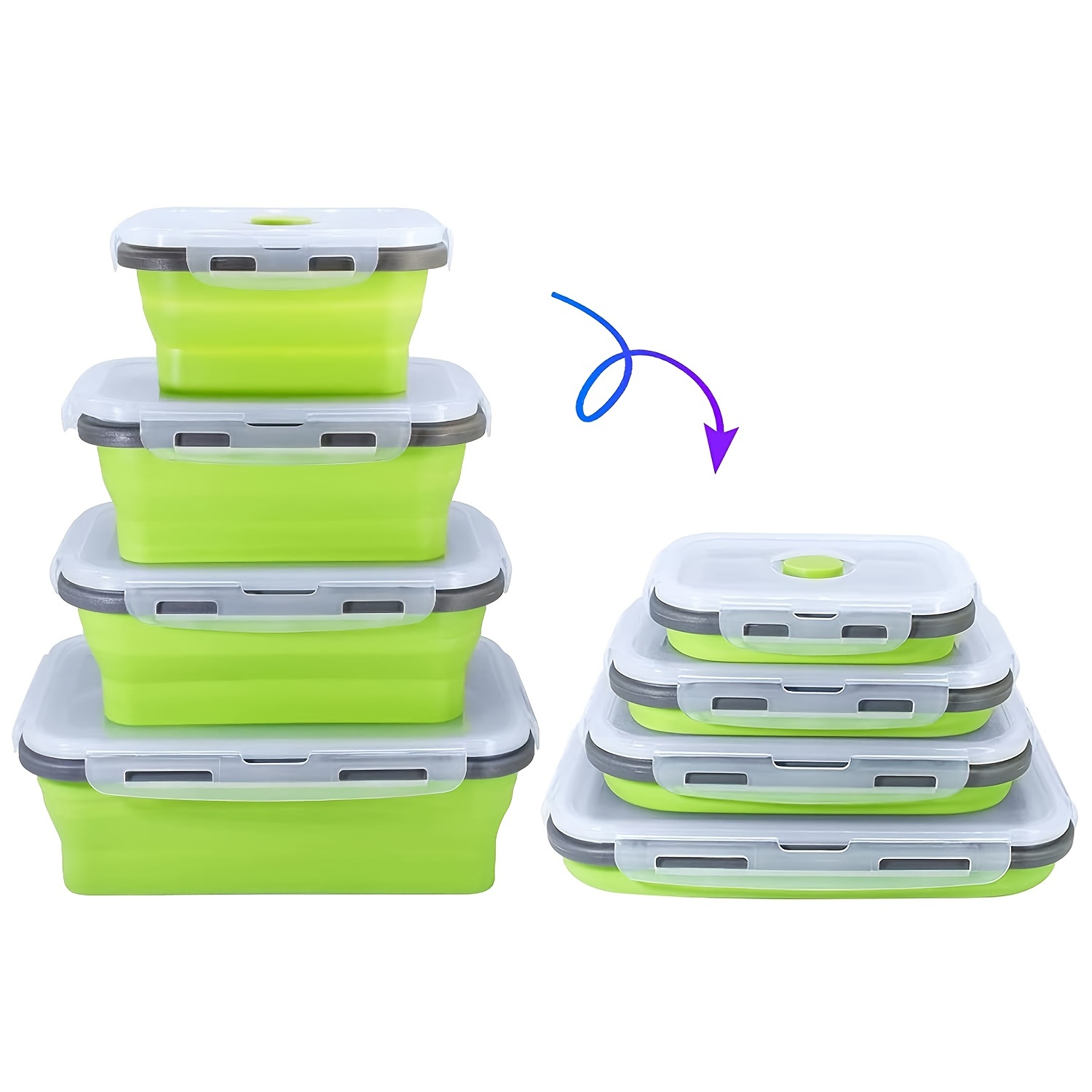 Set of 4 Collapsible Silicone Food Storage Container, Leftover Meal box For  Kitchen, Bento Lunch Boxes, BPA Free, Microwave, Dishwasher and Freezer