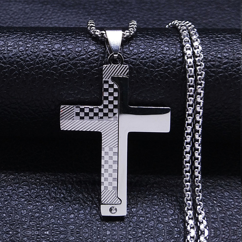 Image of Fashion Stainless Steel Cross Inlaid Glass Pendant Necklace For Men's Christian Necklace Accessories