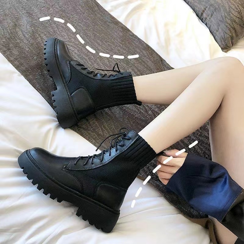 Women's Stitching Knit Combat Boots, Black Platform Short Boots