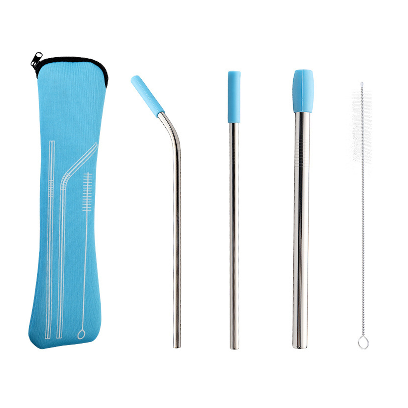 Bent stainless steel metal straw with a blue silicone straw tip