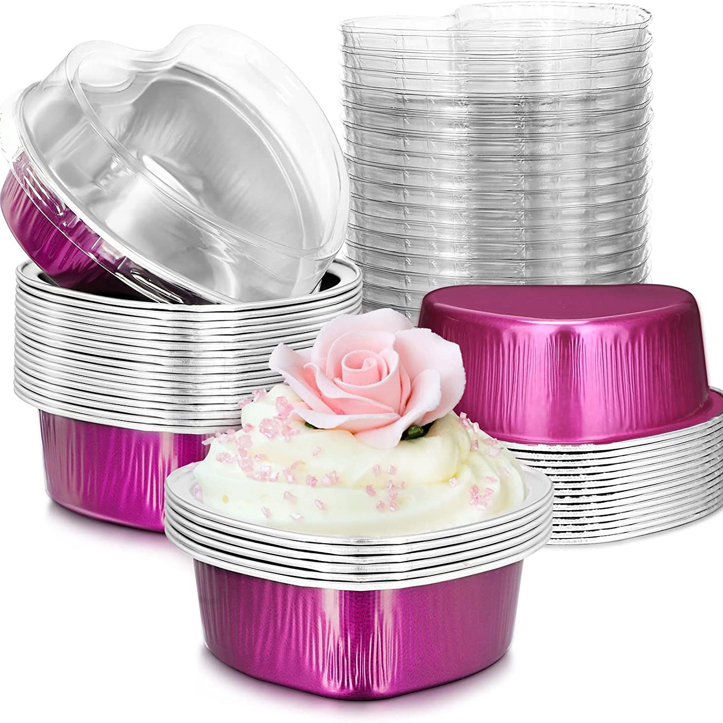 50 Sets Heart Shaped Cake Pans with Lids, 3.4 Ounces/ 100 ml, Aluminum Foil  Mini Disposable Heart Cupcake Pans for Valentine's Day Wedding Parties，Red