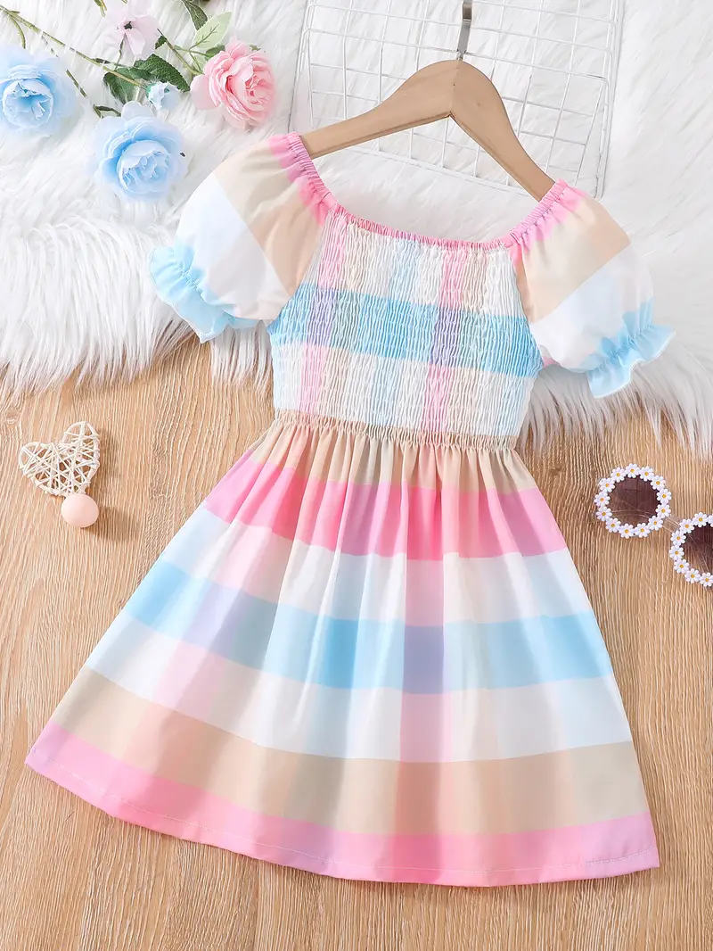 girls casual shirred puff sleeve frill trim colorful plaid pattern party dress kids summer clothes details 0