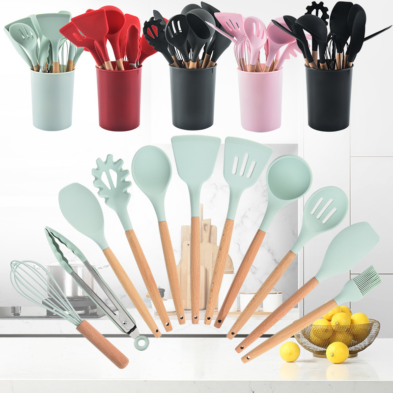 12Pcs Silicone Kitchen Utensils Set Non-Stick Kitchenware Cooking Set with  Holder,Wooden Handle Spatula Spoon Cookware Set - AliExpress