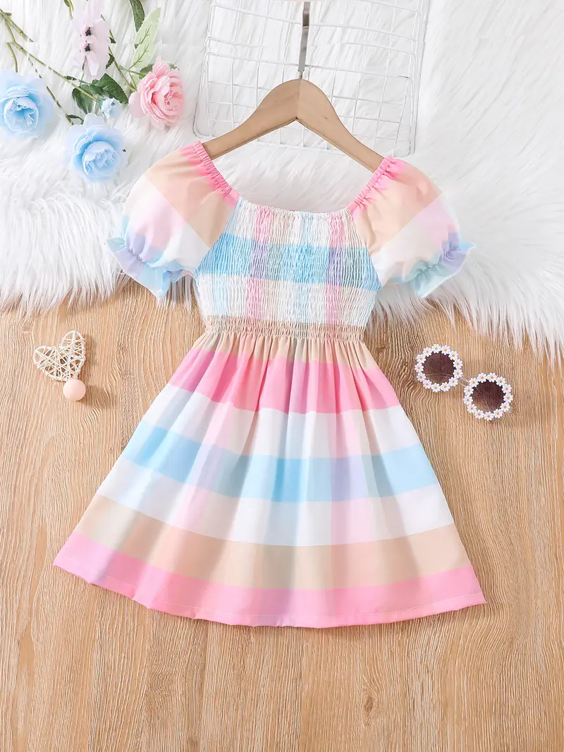 girls casual shirred puff sleeve frill trim colorful plaid pattern party dress kids summer clothes details 1