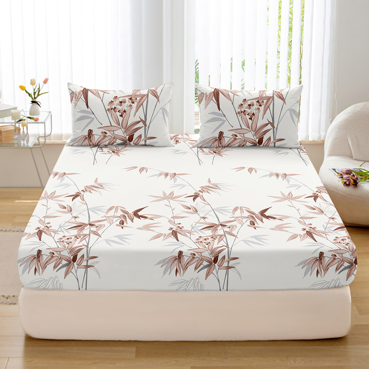 Plant Printed Fitted Sheet Set Soft And Breathable Bedding - Temu