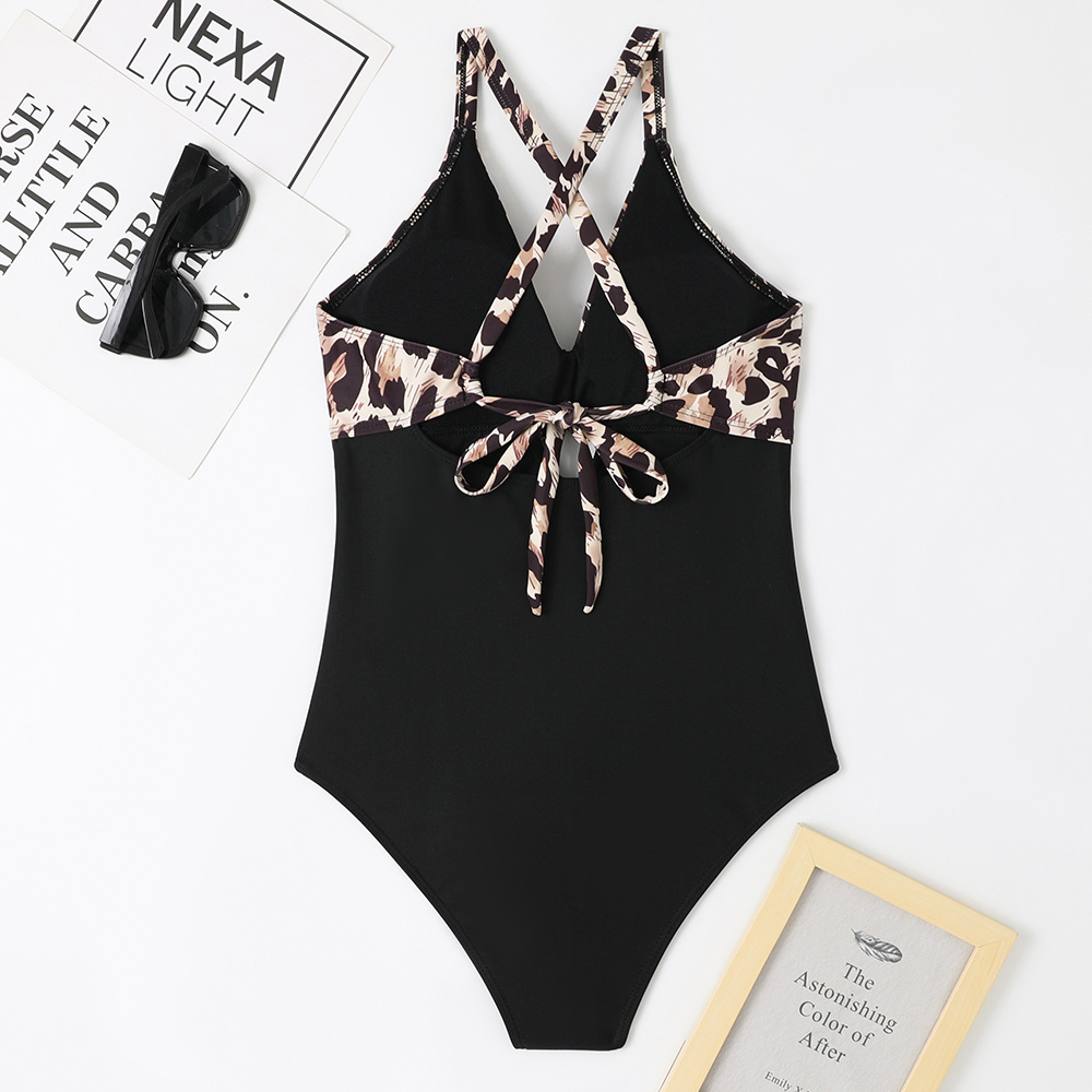 Colorblock Leopard Print One Piece Swimsuit, Deep V Neck Backless Tummy