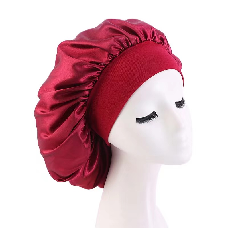 Satin Bonnet with Elastic Band for Curly Hair - Soft and Comfortable Sleep  Cap for Women - Natural Hair Care and Protection (Black and Wine Red) - Bat