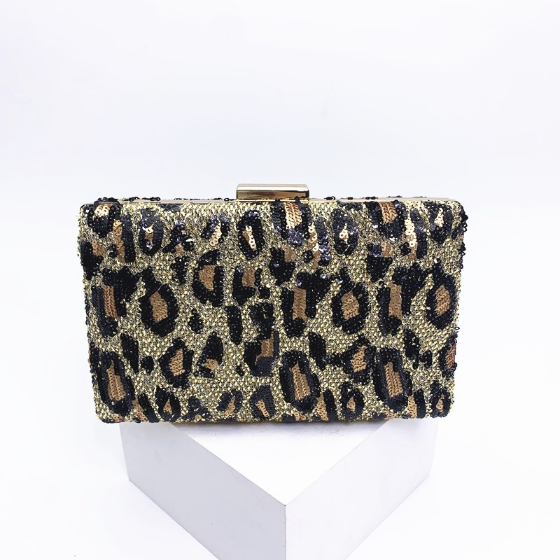 Golden Leopard Print Sequin Clutch Bag