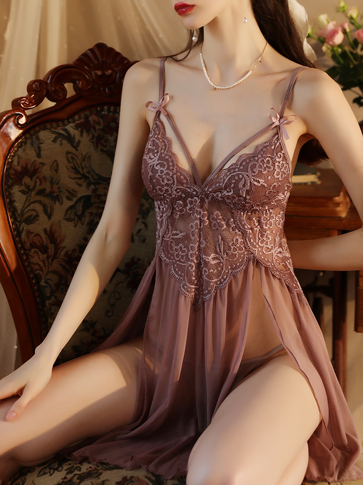 Seductive Sheer Lace Mesh Dress with High Split and Spaghetti Straps -  Perfect for Women's Lingerie and Underwear Collection