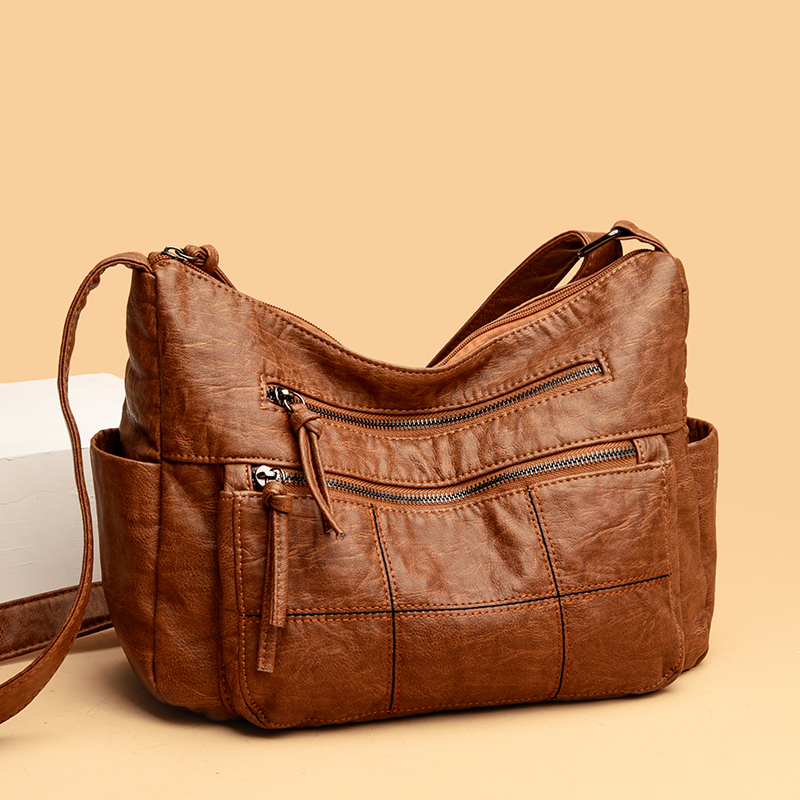 Image of Women's Retro Synthetic Leather Shoulder Bag, Solid Color, Large Capacity, Adjustable Strap, Zipper Closure, Polyester Lined, Foldable Design For Occasions