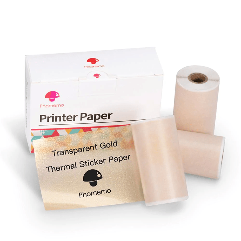 Phomemo Lot de 3 rouleaux de papier autocollant thermique pour imprimante  de poche Phomemo M02 M02 Pro M02S Noir sur papier doré pailleté de qualité  supérieure 53 mm x 3,5 m