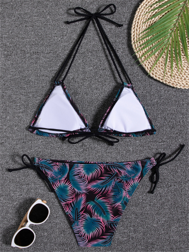 Random Print Triangle Bikini Sets Halter Neck Tie Back Tie Temu 