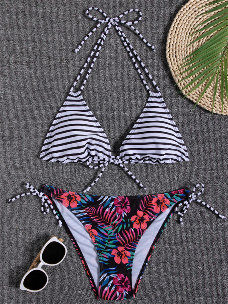 Random Print Triangle Bikini Sets Halter Neck Tie Back Tie Temu 