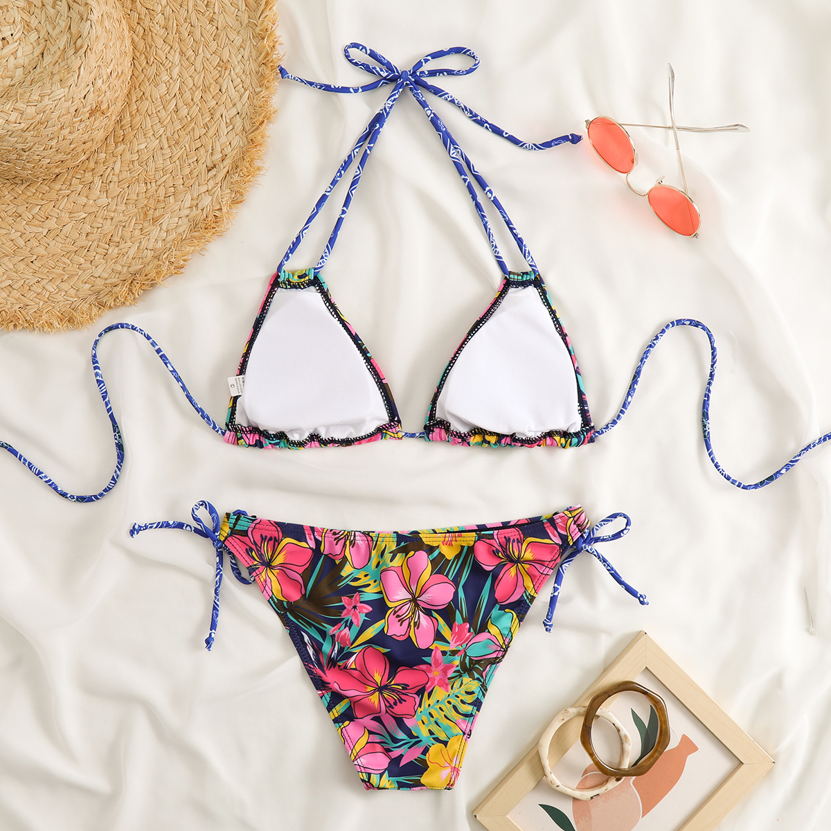 Random Print Triangle Bikini Sets Halter Neck Tie Back Tie - Temu