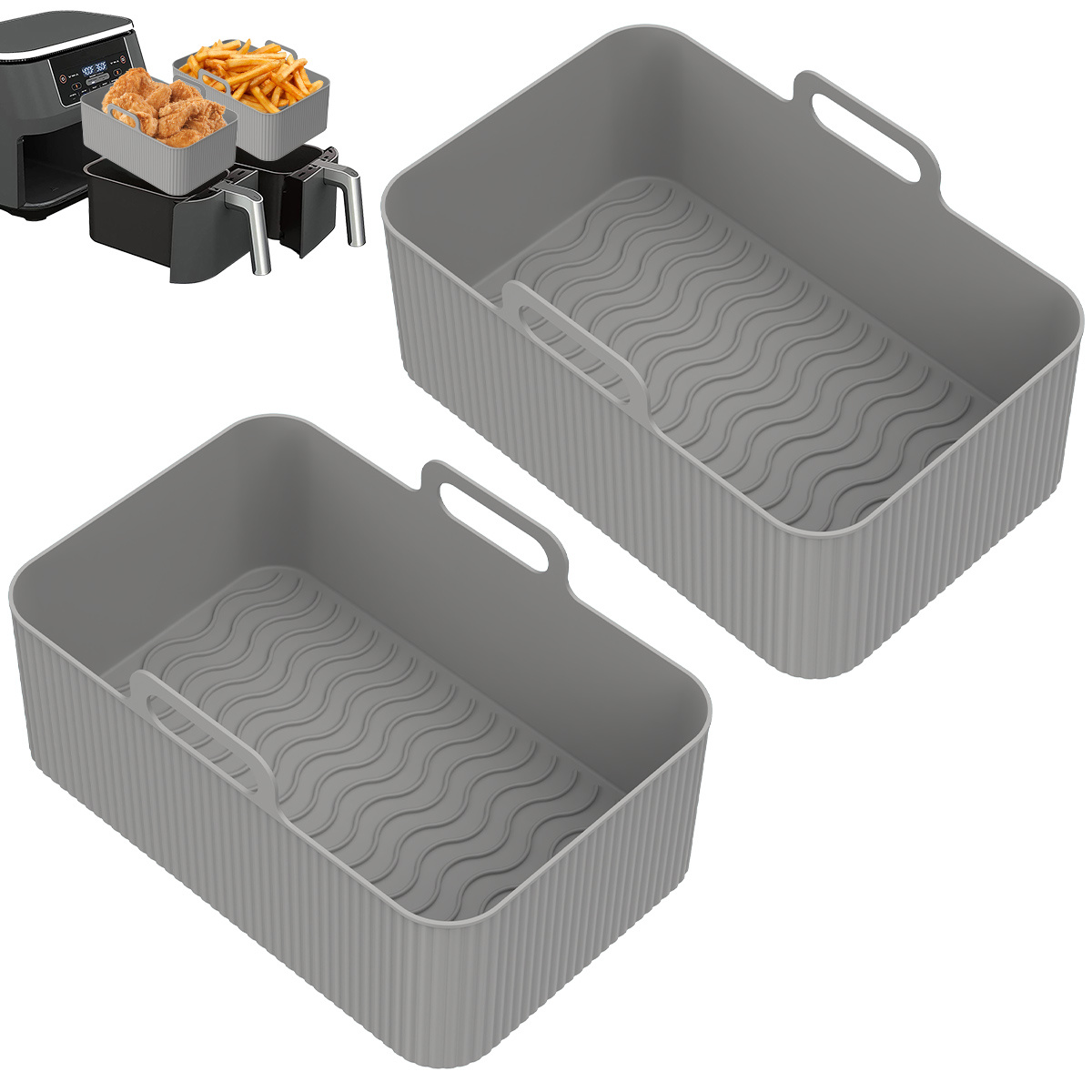 2x Silicone Pot for Air Fryer Dual Basket Liner Handle Baking Pan