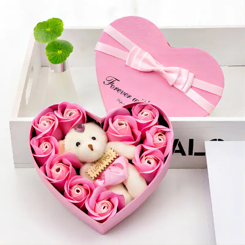 Caja de regalo con flores de jabón en forma de osito, ideal para Navidad,  cumpleaños, San Valentín, bodas o como regalo para novia, esposa o madre en