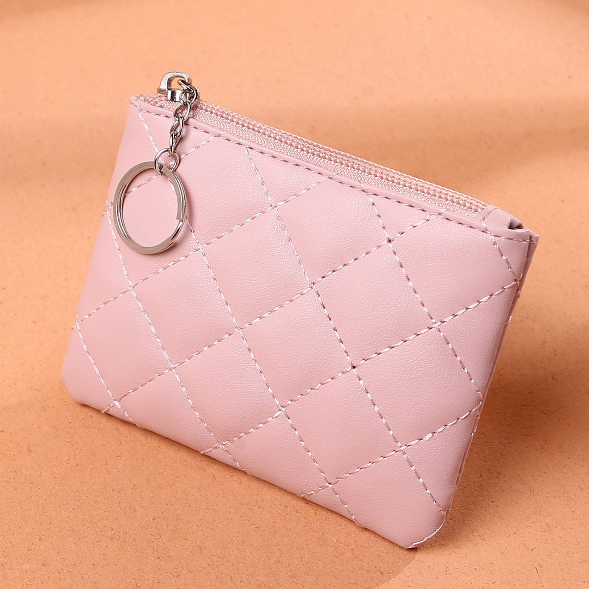 Solid Color Slim Coin Purse Quilted Zipper Wallet With Rhombus